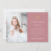 クロスエレガントピンクの女の子の写真ファーストコミュニオン サンキューカード (正面)