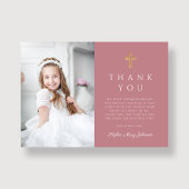 クロスエレガントピンクの女の子の写真ファーストコミュニオン サンキューカード