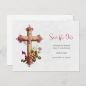 クロスエレガントピンクの花の日付を保存 インビテーションポストカード (正面/裏面)