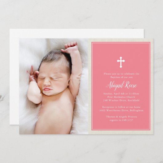 クロスエレガントピンク写真バプテスマ《キリスト教》洗礼式や命名式 招待状 (正面/裏面)