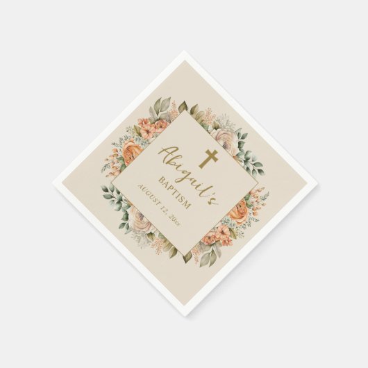 クロスエレガントピーチクリームフローラベビーガールバプテスマ スタンダードカクテルナプキン (角)
