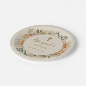 クロスエレガントピーチクリームフローラベビーガールバプテスマ ペーパープレート (アングル)