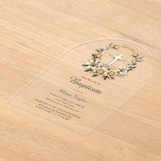 クロスエレガントフローラリースクラシックバプテスマ アクリル招待状 (レイダウン)