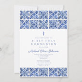 クロスエレガントブルータイルボーイファーストコミュニオン 招待状 (正面)