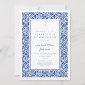 クロスエレガントブルータイルボーイファーストコミュニオン 招待状 (正面)