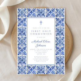 クロスエレガントブルータイルボーイファーストコミュニオン 招待状