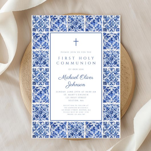 クロスエレガントブルータイルボーイファーストコミュニオン 招待状