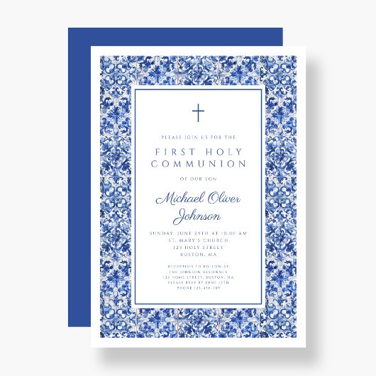 クロスエレガントブルータイルボーイファーストコミュニオン 招待状