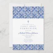 クロスエレガントブルータイルボーイファーストコミュニオン 招待状 (正面)