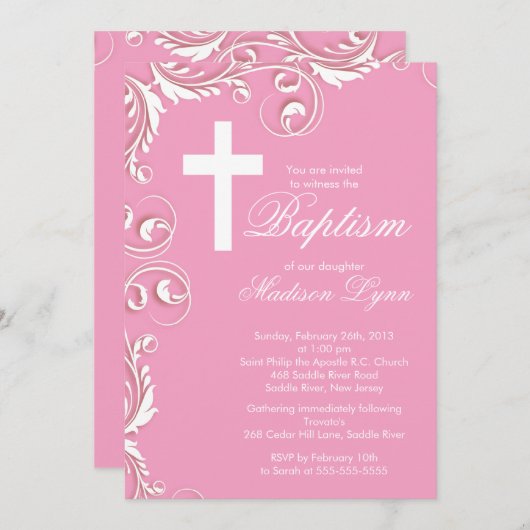クロスエレガントベビーガールバプテスマ《キリスト教》洗礼式や命名式 招待状 (正面/裏面)