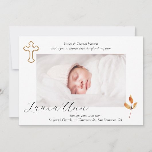 クロスエレガントミニマルベビー写真バプテスマ 招待状 (正面)