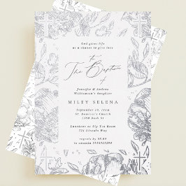 クロスエレガント書道フローラシルバーバプテスマ 箔招待状