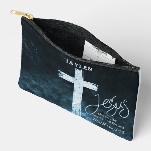 クロスオンウォーターダークブルー聖なる書物、 経典 パーソナライズされた アクセサリーポーチ (見開き)