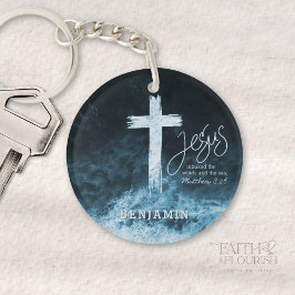 クロスオンウォーターダークブルー聖なる書物、 経典 パーソナライズされた キーホルダー