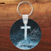 クロスオンウォーター聖なる書物、 経典ダークブルーパーソナライズされた キーホルダー (正面)