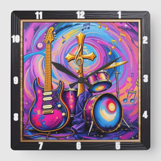 クロスギター音楽崇拝アート スクエア壁時計 (正面)
