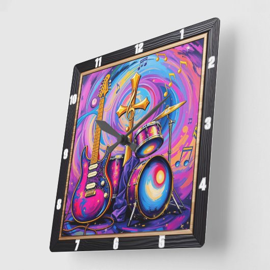 クロスギター音楽崇拝アート スクエア壁時計 (傾斜)