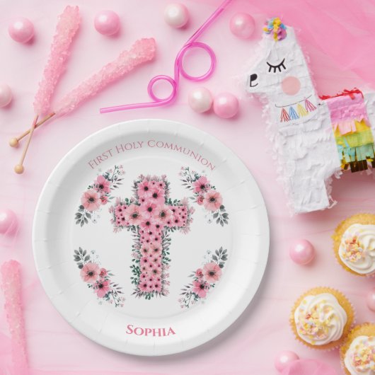 クロスシック第1聖体女子ピンクの花 ペーパープレート (パーティー)