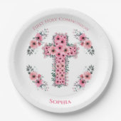 クロスシック第1聖体女子ピンクの花 ペーパープレート (正面)