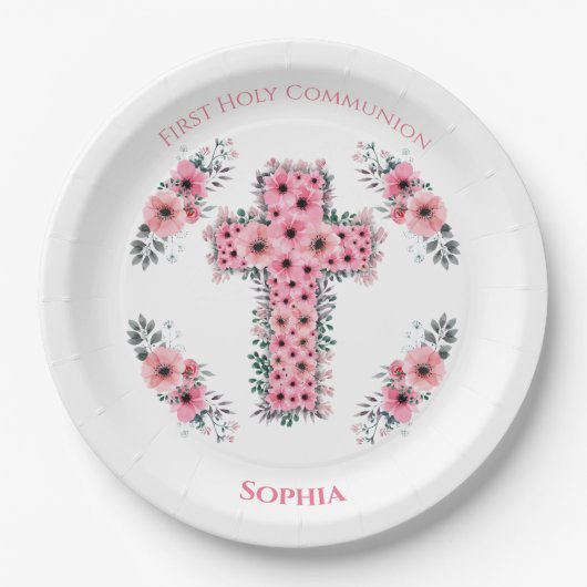 クロスシック第1聖体女子ピンクの花 ペーパープレート (正面)