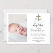 クロスシンプルバプテ離れス写真とユーカリの写真 マグネット招待状 (正面)