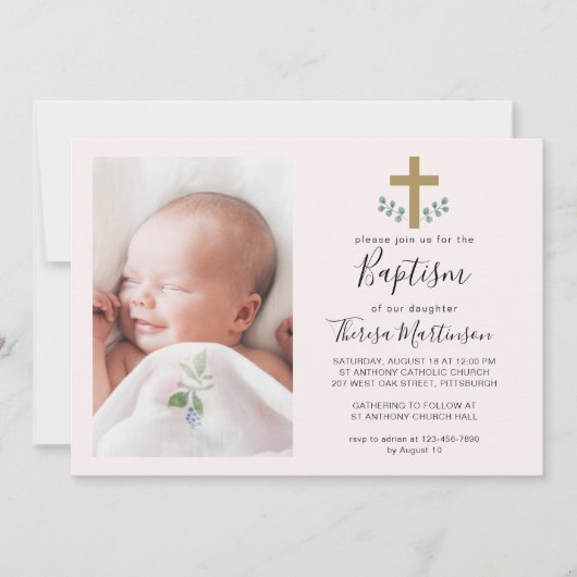 クロスシンプルバプテ離れス写真とユーカリの写真 招待状 (正面)