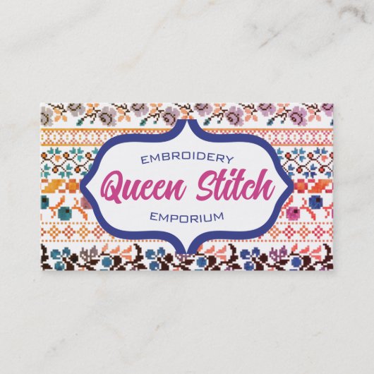 クロスステッチのピクセルアート刺繍花ブルー 名刺 (正面)