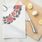 クロスステッチレッドローズサークルモノグラムイニシャル キッチンタオル (四つ折り)