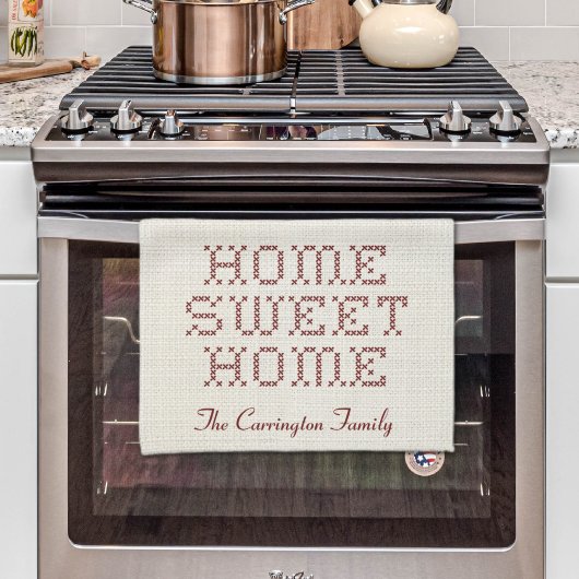 クロスステッ素朴チフェイクホームスイートホームバーガンディ キッチンタオル