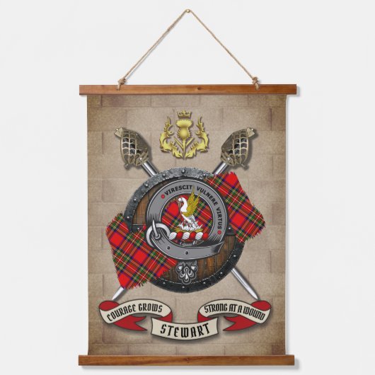 クロスソード付きスチュワートクランパーソナライズされたバッジ 吊り下げ型タペストリー (正面)