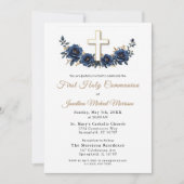 クロスネイビーブルー金ゴールドフローラファーストコミュニオン 招待状 (正面)