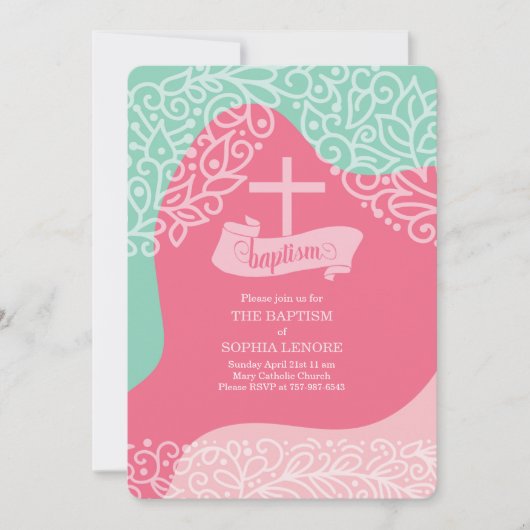 クロスバプテスマを持つピンクとシーグリーンの女の子 招待状 (正面)
