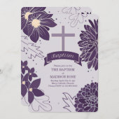 クロスバプテスマを持つ女の子のためのプラム植物学 招待状 (正面/裏面)