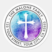 クロスパープルブルーの水彩差出人住所 ラウンドシール (正面)