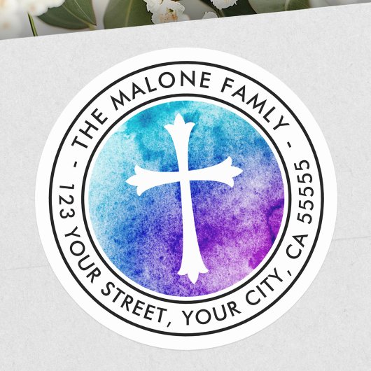 クロスパープルブルーの水彩差出人住所 ラウンドシール