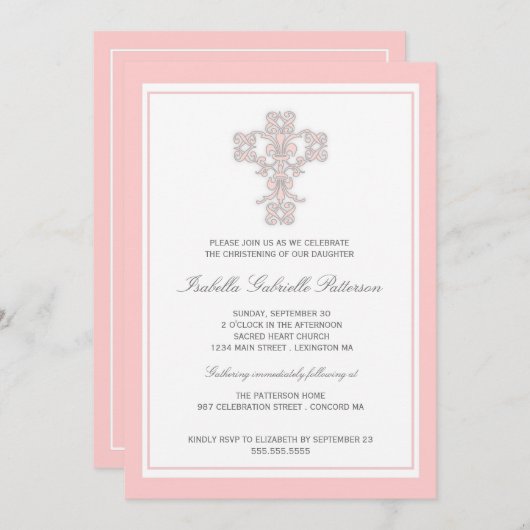 クロスピエレガントンクガール《キリスト教》洗礼式や命名式招待状 招待状 (正面/裏面)