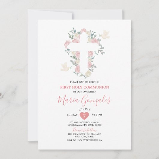 クロスピンクの花の少女ファーストホーリーコミュニオン 招待状 (正面)