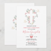 クロスピンクの花の少女ファーストホーリーコミュニオン 招待状 (正面/裏面)