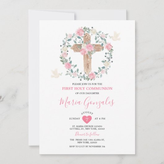 クロスピンクの花の少女ファーストホーリーコミュニオン 招待状 (正面)
