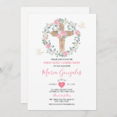 クロスピンクの花の少女ファーストホーリーコミュニオン 招待状 (正面/裏面)