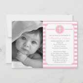 クロスピンクストライプガールフォトバプテスマ招待状 招待状 (正面)