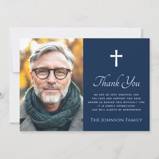 クロスフォトダークブルー悔やみや弔慰サンキューカード サンキューカード (正面)