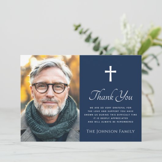 クロスフォトダークブルー悔やみや弔慰サンキューカード サンキューカード (スタンド正面)