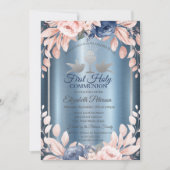 クロスフラワーファーストブルーメタリック神聖な聖餐式 招待状 (正面)