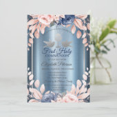 クロスフラワーファーストブルーメタリック神聖な聖餐式 招待状 (スタンド正面)