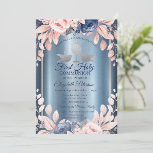 クロスフラワーファーストブルーメタリック神聖な聖餐式 招待状 (スタンド正面)