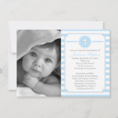 クロスブルーストライプ招待状ボーイフォトバプテスマ 招待状 (正面)