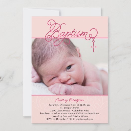クロスペンダントフォトバプテスマ招待状 – ピンク 招待状 (正面)