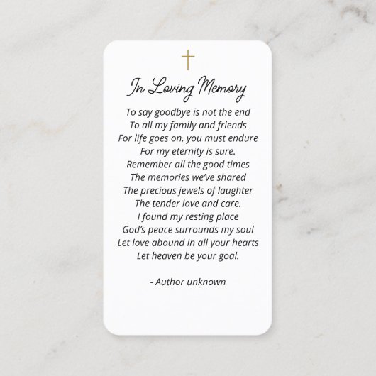 クロスモダンフォト葬儀記念祈りの言葉カード 名刺 (裏面)