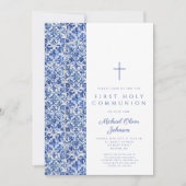 クロスモダンブルータイルボーイファーストコミュニオン 招待状 (正面)